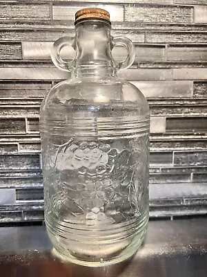 Vintage CLEAR GLASS 2 Handled  1/2 GALLON WINE Jug W/Grapes&Leaves In Relief~ • $18