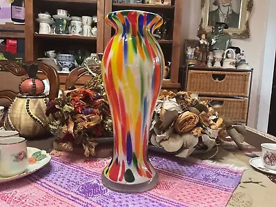 Mid Century Murano  Art Glass Vase Trumpet Vase Yellow Orange Multi 13” High  • $400