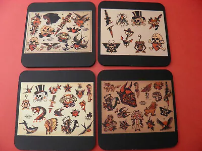 4 Personalised Neoprene Drink Coasters 10cm  SAILOR JERRY TATTOO FLASH SHEET • $10