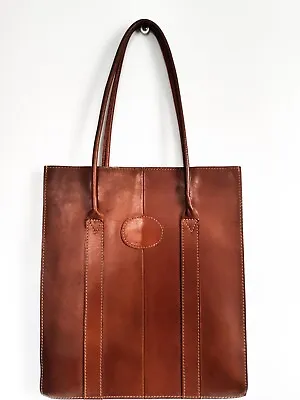 Vintage Leather Tote Bag Double Handle Unisex Rectangular Minimalist Brown Large • $34.99