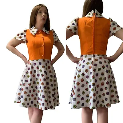 SM Vtg 60s 70s Orange Geometric Peter Pan Mod TWIGGY Space Age Dolly Mini Dress • $68