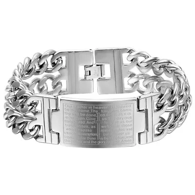 Mens Heavy Wide Cross Bible LORD'S PRAYER Bracelet Stainless Steel Bangle Cuff • $12.99