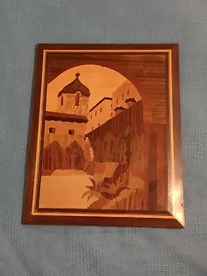 Vintage Wood Inlay Picture Of Old Church Mission 15.5  By 11.5  Made In Italy  • $14.50