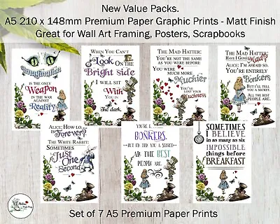 £3.99 • Buy Set Of 7 Pretty Alice In Wonderland Quote Prints A5 Print 120gsm Paper Posters