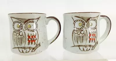 2 Vintage Owl Speckled Coffee Tea Mug Cup Stoneware Hand Painted • $18.99