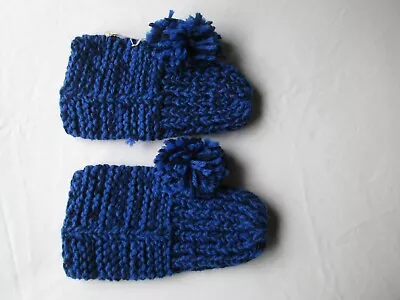 Vintage Homemade Crochet Knit Bootie Style House Slippers With Pom Pom Blue • $9.95