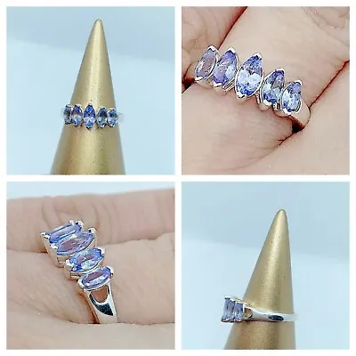 AAA TANZANITE 5 STONE MARQUISE STERLING SILVER RING SIZE P 1/2 (uk) • £58