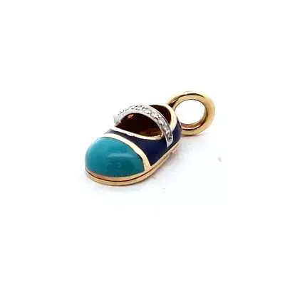 Designer 18K Two Tone Gold Aaron Basha Blue Enamel Diamond Baby Shoe Pendant • $1336.65