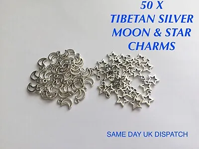 50 X Tibetan Metal Moon & Star Charms  Craft Jewellery Making Bracelet 🌙 ⭐️ • £3.49