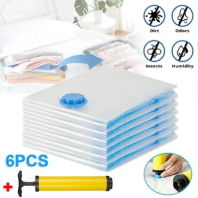 6PCS Vacuum Storage Bags Travel Space Saver Garment Seal Clothes With Hand Pump • £10.90