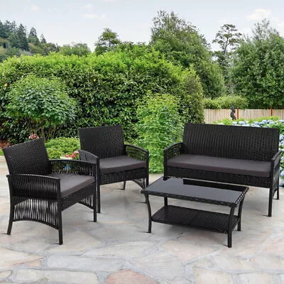 Outdoor Furniture Rattan Set Wicker Cushion 4pc Black • $340.95