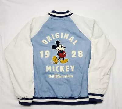 Walt Disney World 1928 Original  Mickey Mouse Denim Varsity Jacket Size Large • $74.99