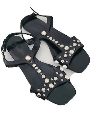 $40 • Buy ZARA EMBELLISHED Flat STRAPPY Sandals With Pearls Size 7.5 US/38 