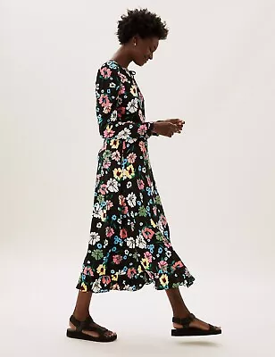 * BNWT M&S Black Floral Tie Neck Midi Tea Dress UK 12                (ST143/142) • £23.99