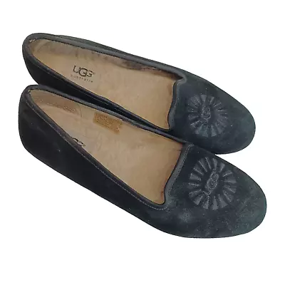 UGG Flats Womens US 8 Alloway Black Suede Logo Slippers Shoes Sherpa Lined • $35.99