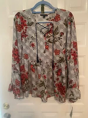 SIGNATURE STUDIO Misses Size L Bell Ruffle Long Sleeve BOHO Pullover Blouse NWTS • $6