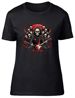 Skeleton Music Band Womens T-Shirt Rock N Roll Roses Guitar Ladies Gift Tee • £8.99