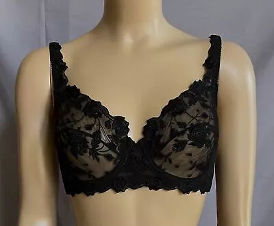 VINTAGE LA PERLA Black Reembroidered Sheer Unlined Bra 36B(IT3) • $12.99