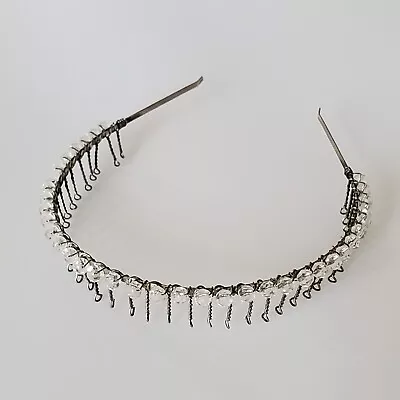 Metal Hair Band With Wire Teeth Silver Tone Clear Beaded • $6.29