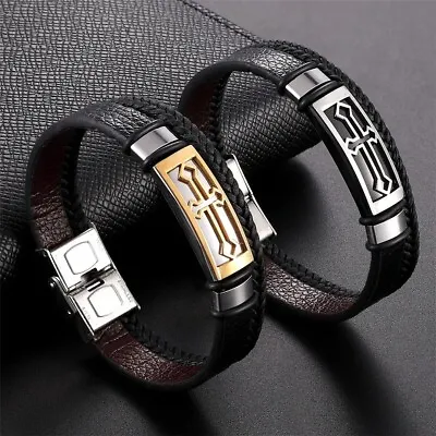 Men Women Christian Cross Bracelets Hand Jewelry  Leather Cuff USA FAST SHIP!!!! • $12.99