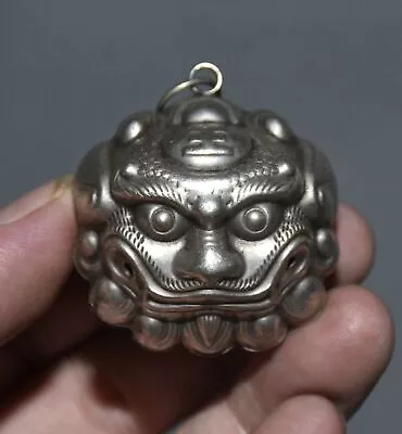5CM Rare Old China Miao Silver Feng Shui Foo Dog Lion Beast Head Bell Pendant • $19