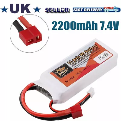 7.4V2200mAh 35C 2S LiPo Battery T Plug Deans Connector For RC Car Airplane Heli • £9.99