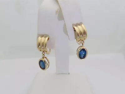 14k Gold Dangle Earrings Blue Sapphire Drop Vintage Screw Backs September E304 • $349