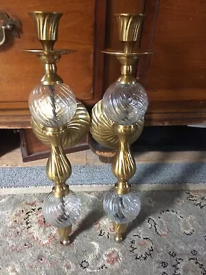 Pair Vintage Brass And Glass  Wall Mounted Candle Holders • £50