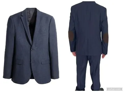 H&M Men's  2 Piece Suit  Navy Blazer Elbow Patch 42 Pant 36 Slim Fit Wool Linen • $149.99