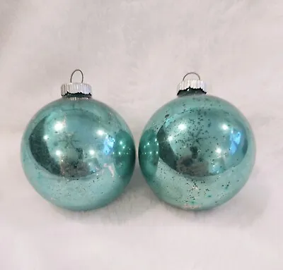SET OF 2 Vintage Shiny Bright Teal Aqua Christmas Tree Ornaments 2.5 Inch Each • $16