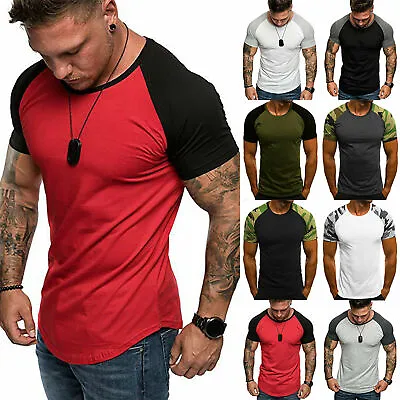 Mens Raglan Shirt T Shirt Top Short Sleeve Crew Neck Contrast Colours TS03 • £8.85