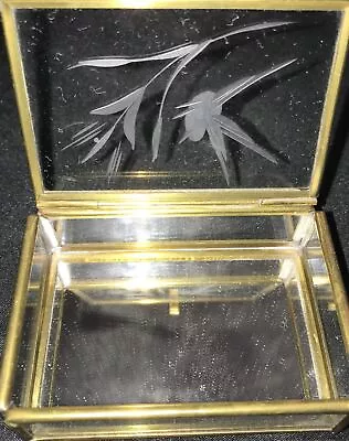 Vintage Etched Glass & Metal Bird & Flower Glass Jewelry Box Mirrored Bottom • $10.99