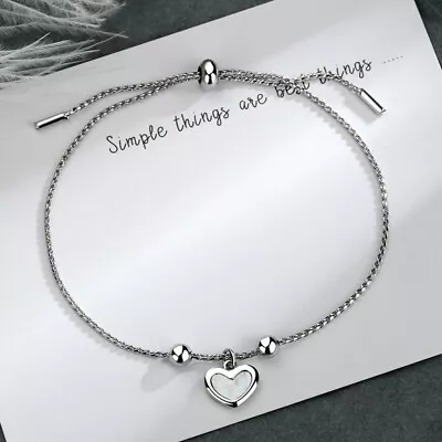 £6.99 • Buy 925 Solid Sterling Silver Bracelet Love Heart Pendant Adjustable Chain Jewellery