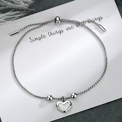 Women Ladies 925 Sterling Silver Bracelet Love Heart Bangle Chain Birthday Gift • £5.99