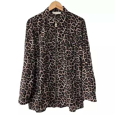 Michael Kors Leopard Print Roll Tab Zip Front Top Size L Point Collar • $27