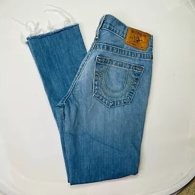 True Religion Brianna Light Wash Raw Hem Straight Jeans Womens 25 Cotton MI USA • $30