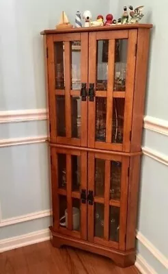 Corner Curio Display Cabinet Rustic Brown Solid Oak Wood Glass 4 Shelf Cupboard • $339.89