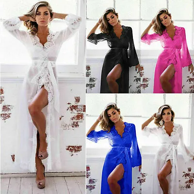 Women Sexy Long Kimono Robe Sheer Negligee Gown Lace Lingerie Maxi Nightdress UK • £6.60