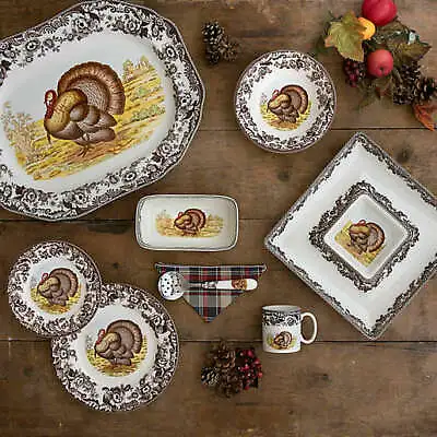 Spode Woodland Turkey Soup Bowls SET Of 4 Rimmed Plate Thanksgiving Gobble!!! • $142.95