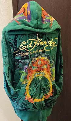 Vtg Ed Hardy Christian Audigier Death Or Glory Hoodie Jacket Rare Skulls Size XL • $149