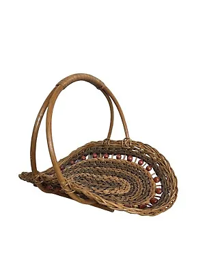 Vintage Basket Woven Wicker And Wood Bead Flower Fan Hood Handle • $49.95