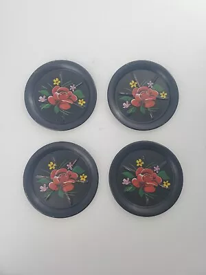MCM Vintage Set Of 4 Black Metal Coasters With Red Rose And Small Flowers • $12.99
