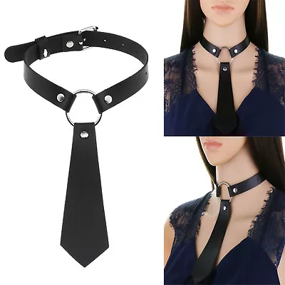 Women Ladies Black Tie Necktie O-Ring Leather Choker Collar Necklace Adjustable • $11.99