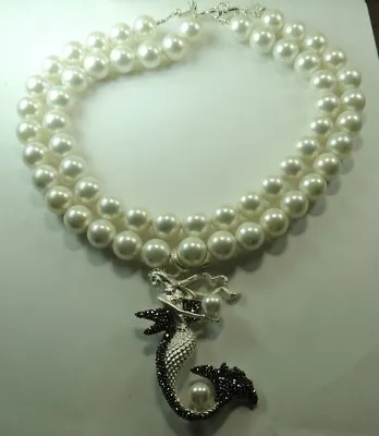 Statement 2 Strand Shell Pearl Necklace With Mermaid & Rhinestones Bridal • $285