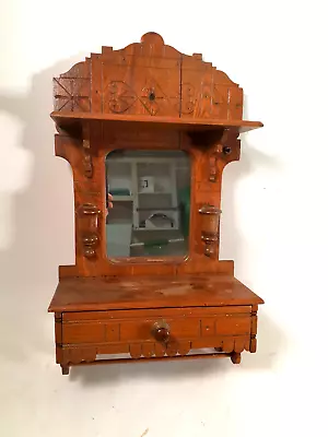 Antique Oak Eastlake Victorian Hanging Mirrored Shelf W/ Drawer And Towel Bar • $155