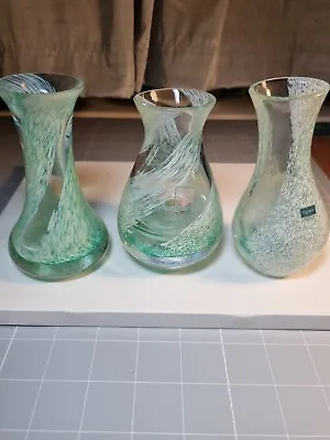 Set Of 3 Vintage Caithness Green & White Swirl Pattern Small Vases Set B  • £14