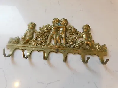 8.5  Vintage Ornate Brass Cherubs Wall 6 Hooks/Hangers/Rack For Coats/ Keys/Hats • $29.99