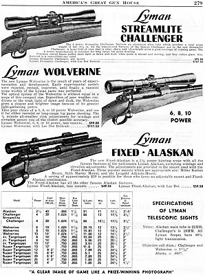 1954 Print Ad Of Lyman Challenger Wolverine & Alaskan Hunting Rifle Scope • $9.99