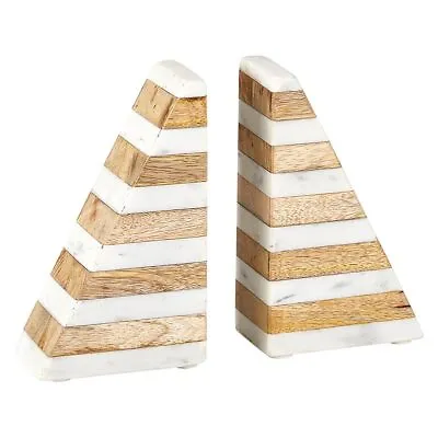 Marble And Wood Bookends White Book Shelf And Table Decor Geometric Bookend • $74.88