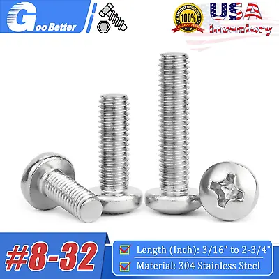 #8-32 Phillips Pan Head Machine Screws 304 Stainless Steel Ruond Head Bolts • $6.53